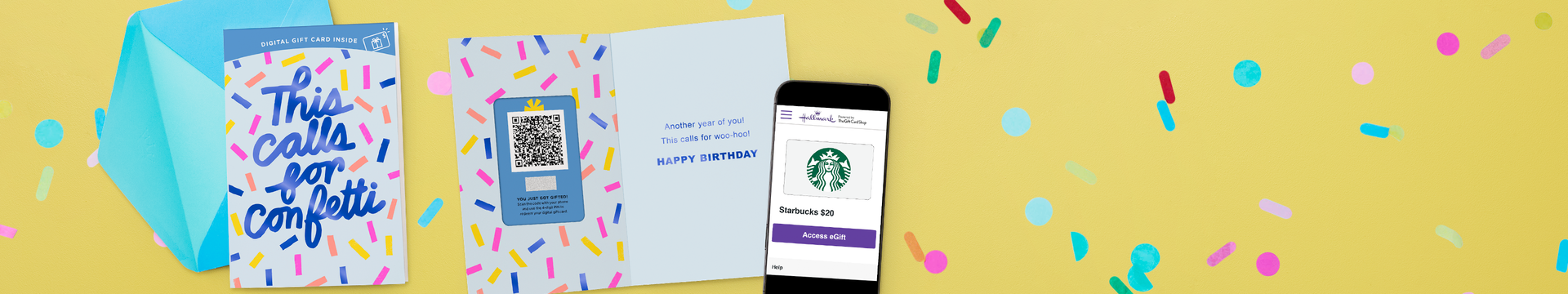 Birthday card with digital gift card capability and phone showing the code. 